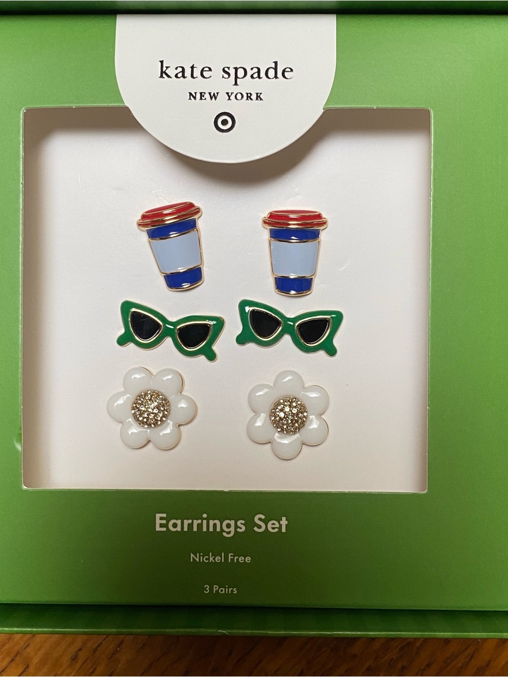 kate spade 3-Pair Earring Set Coffee cup, sunglasses, rhinestone flower Gift Box